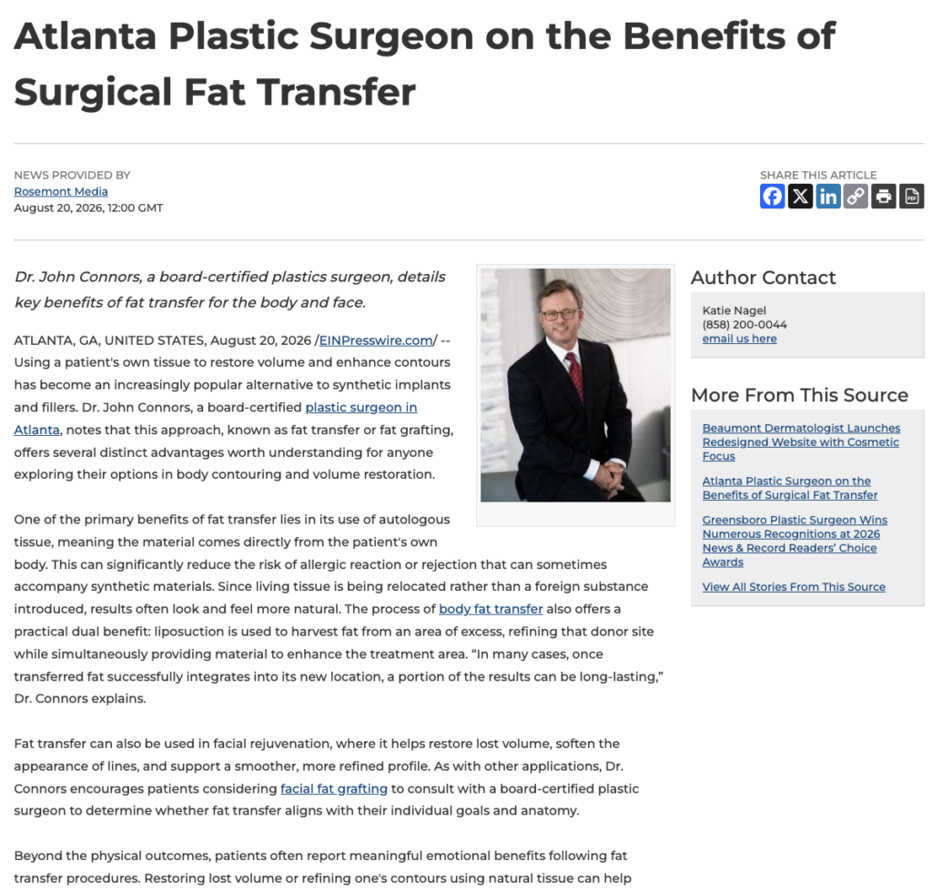 Board-certified Atlanta plastic surgeon John Connors, MD, FACS highlights the benefits of surgical fat transfer.
